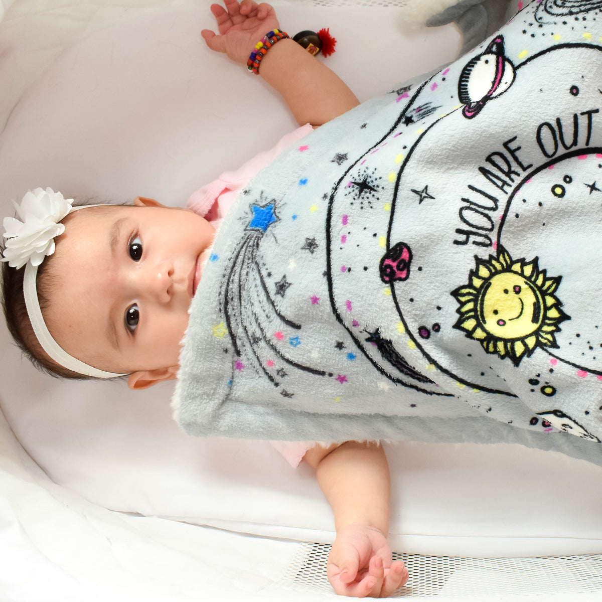 Baby Girl Covered with Galaxy Security Blanket