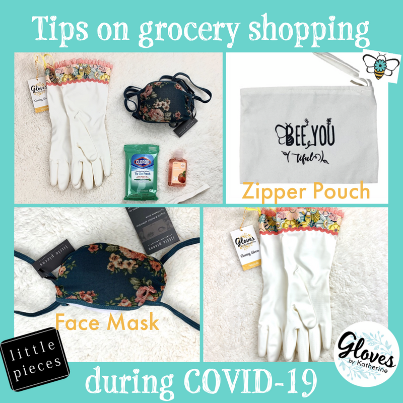 Lil Be Zipper Pouch with gloves and mask essentials for grocery shopping during COVID-19