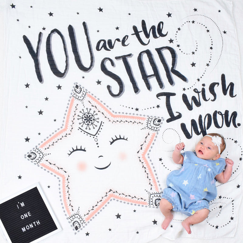 I month old baby girl on "You are the Star I wish upon" Swaddle blanket used as a milestone blanket