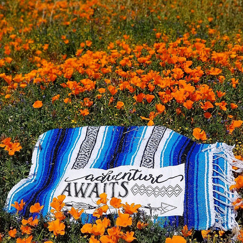 Adventure Awaits Blue Mexican Throw Blanket laying along a field of wild  flowers