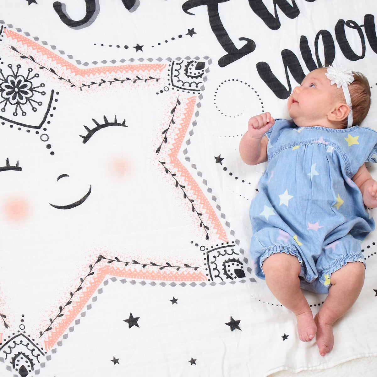 Newborn baby on Lil Be's swaddle blanket