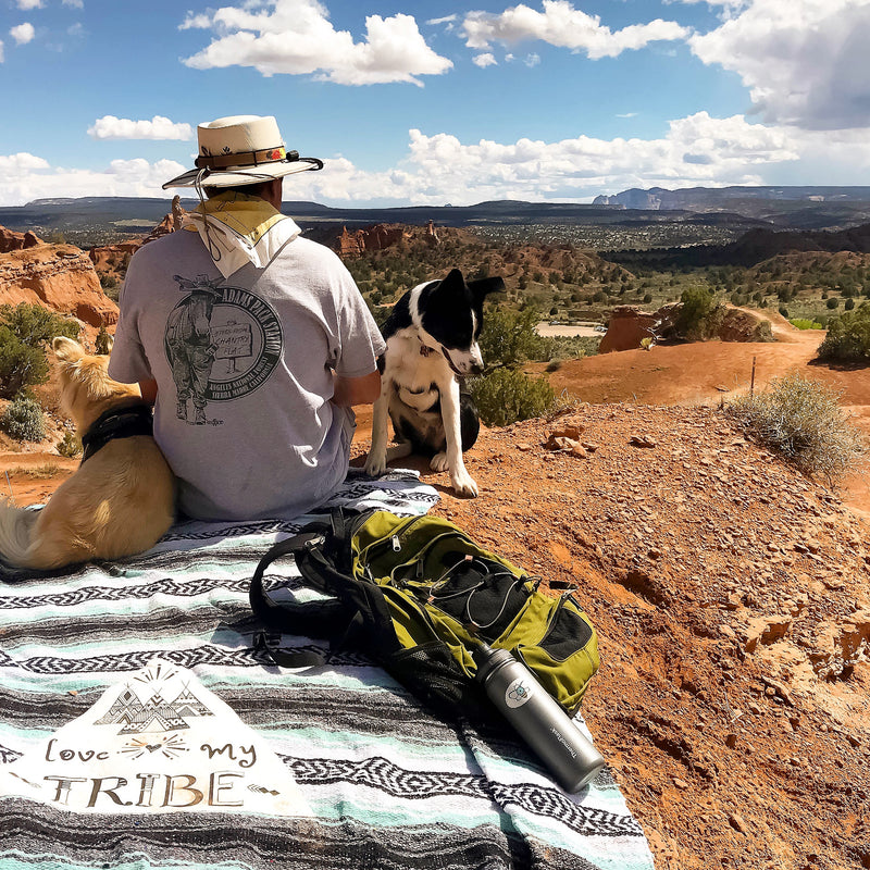 Hiker with his two dogs on top of mountain taking in the views with their Lil Be Blankets