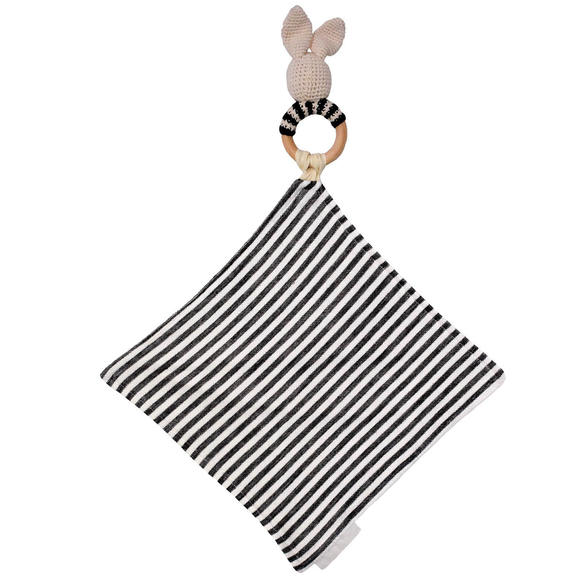 Back of Bunny Rattle with Black and Off White Stripe Mini Blanket