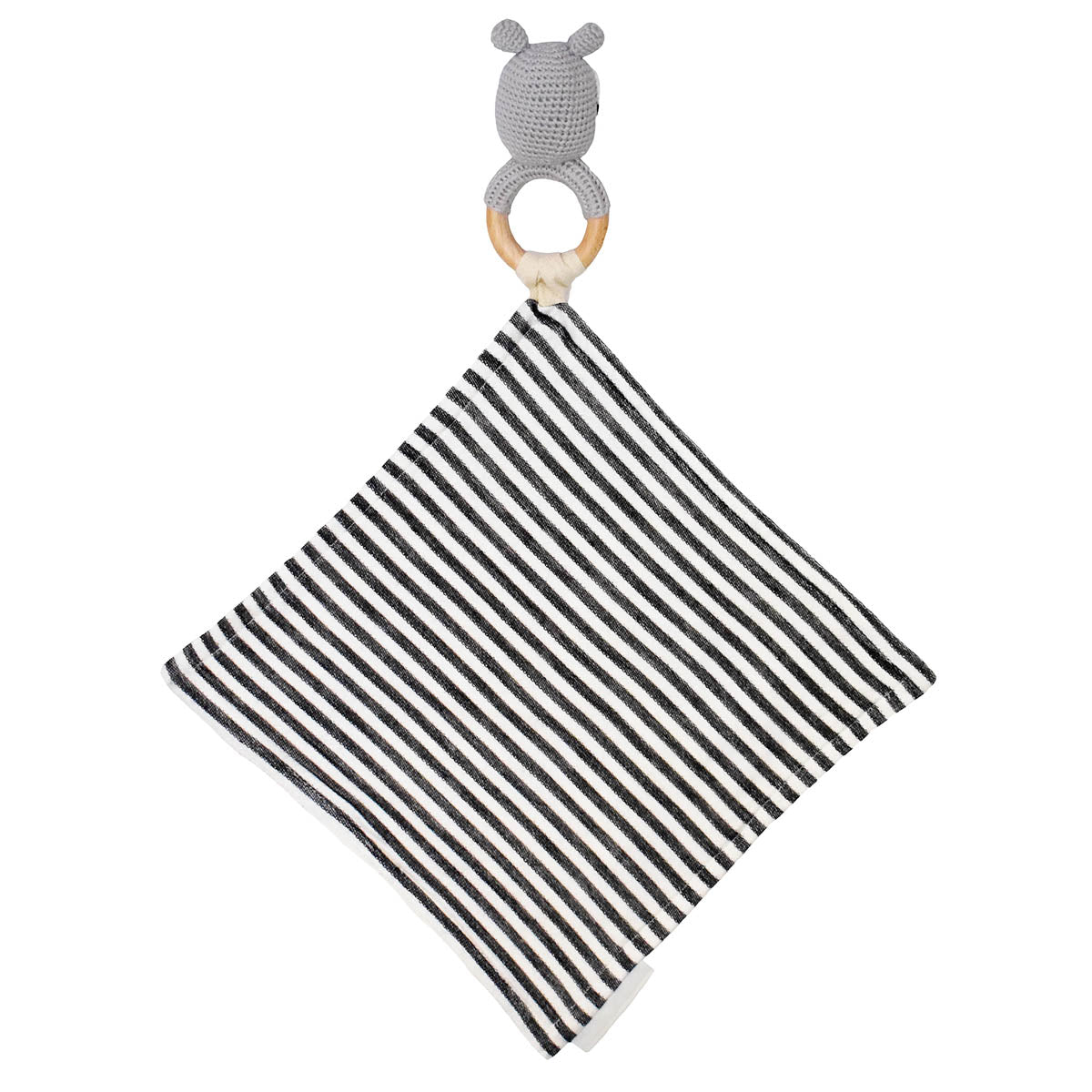Back of Raccoon Teether Rattle with Black and Off White Stripe Mini Blanket