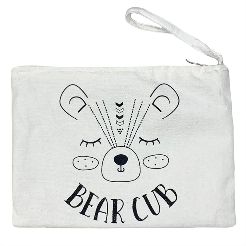 Natural Zipper Pouch with Bear Cub Graphic
