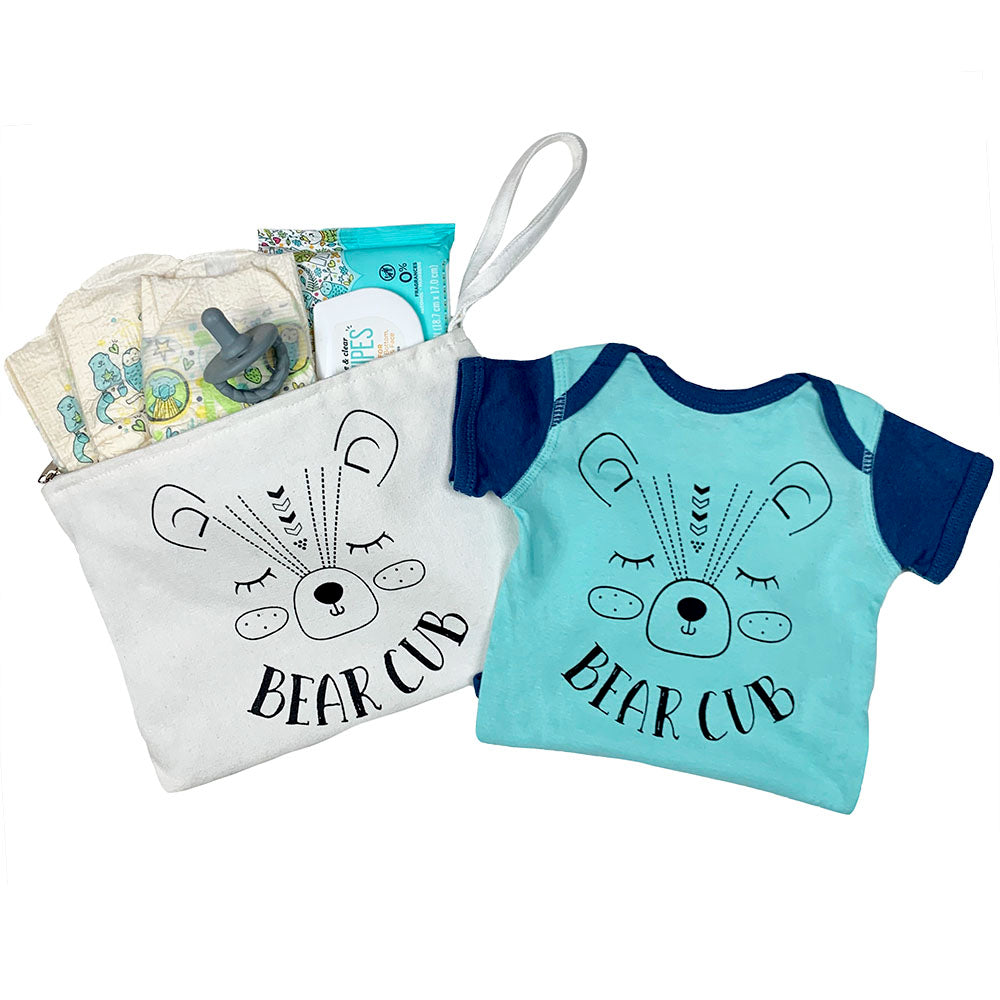 gift idea with onesie and zipper pouch as a mini diaper bag