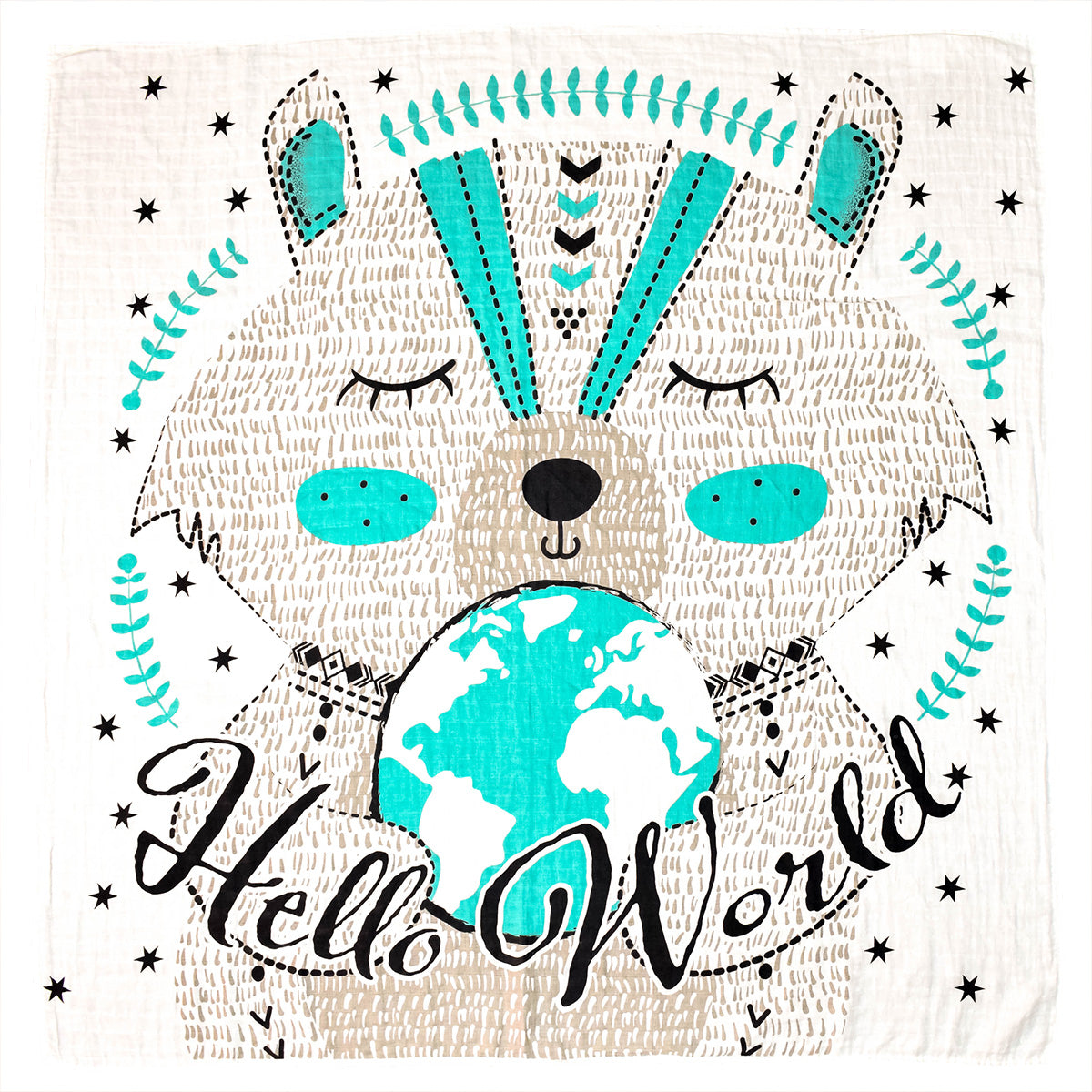 Organic Swaddle Blanket with Bear Saying Hello World Graphic 
