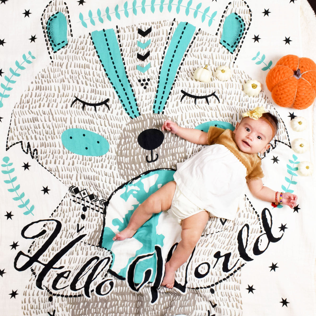Hello World Bear Organic Swaddle Blanket with Baby