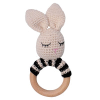 Ivory and Black Bunny Crochet Rattle with Beechwood Handle