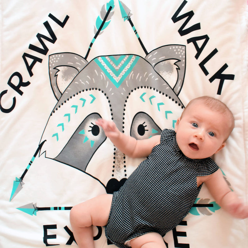 Baby girl on Crawl Walk Explore baby blanket