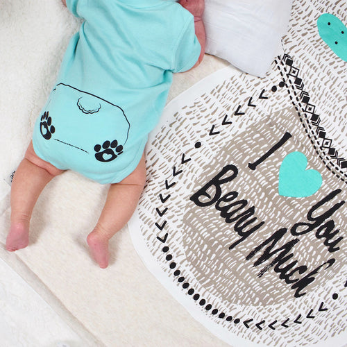 tummy time with baby on I love you beary much shaped baby blanket