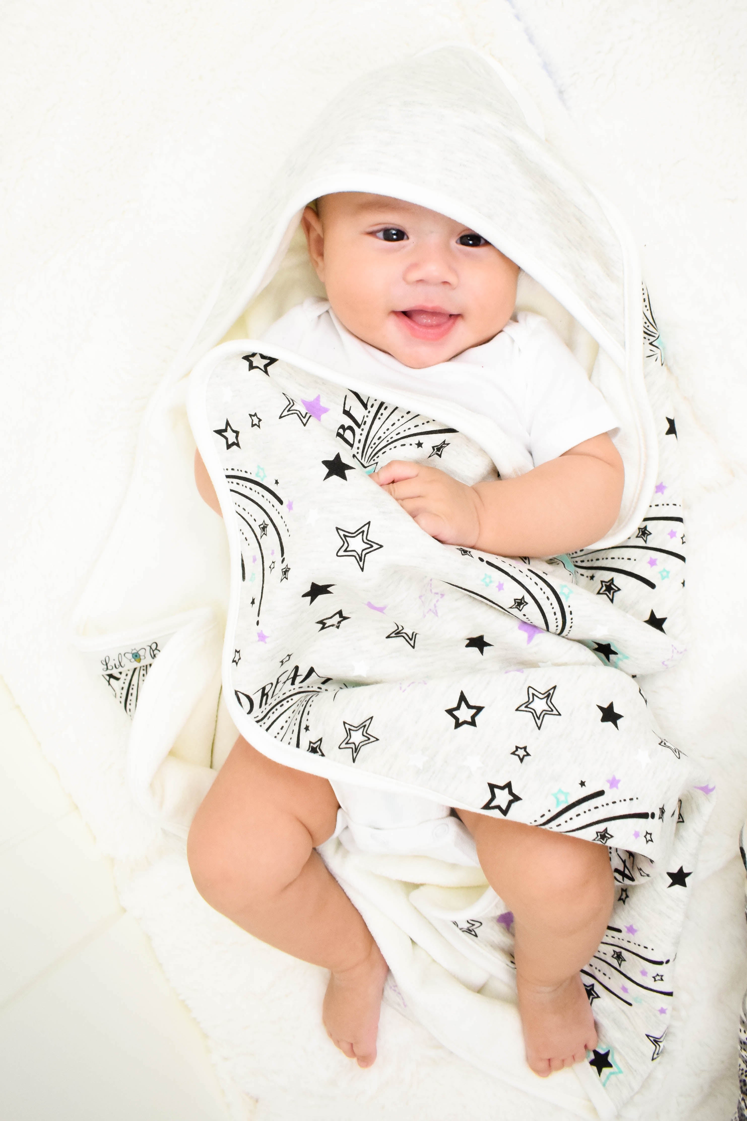 Baby Wrapped in Shooting Star Hooded Towel with Dream Shine Believe Graphic