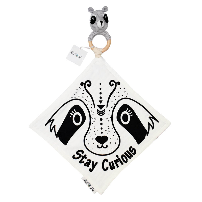 Raccon Teether Rattle with Stay Curious Graphics on Mini Blanket