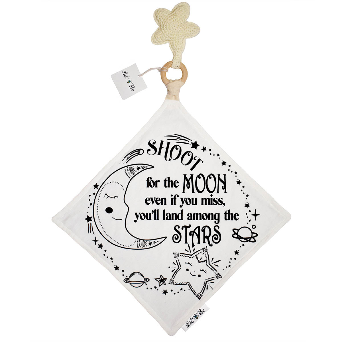 Star Crochet Teether with Shoot for the Moon Even if you miss, you'll land among the Stars Graphic on Mini Blanket