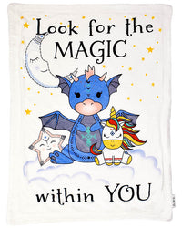 Plush Baby Blanket with Dragon, Unicorn, Moon, and Star Saying Look for the Magic Within You Graphic