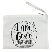 Natural Zipper Pouch with I am God's Masterpiece graphic