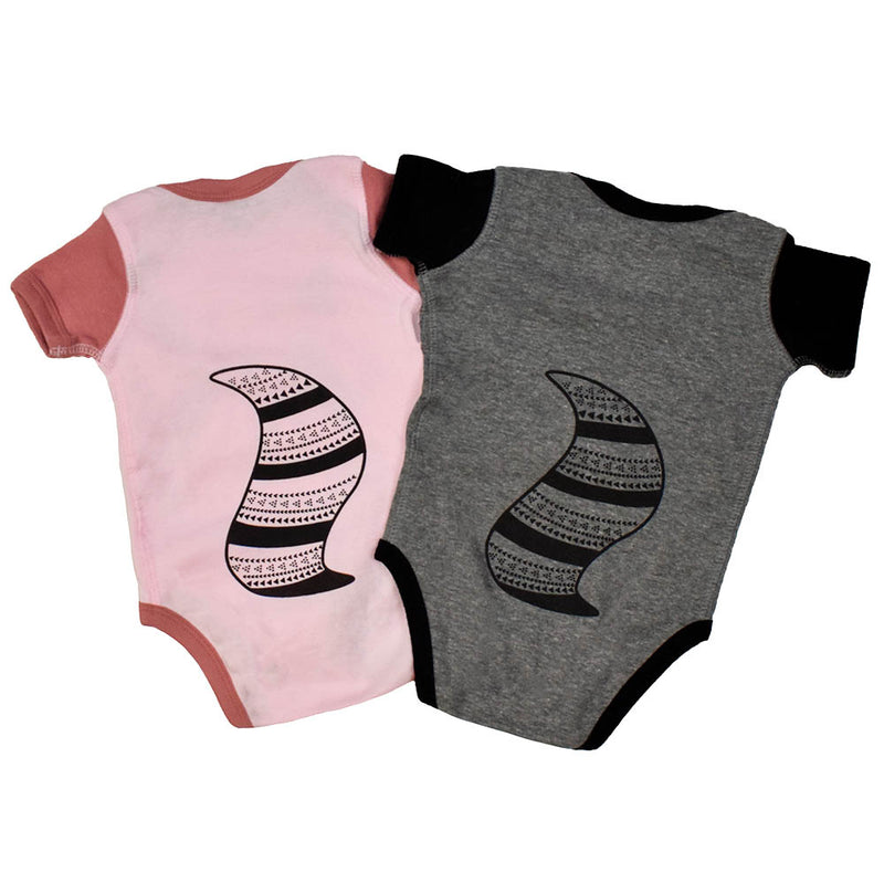 back view with raccoon tail graphic for Little Explorer baby bodysuit