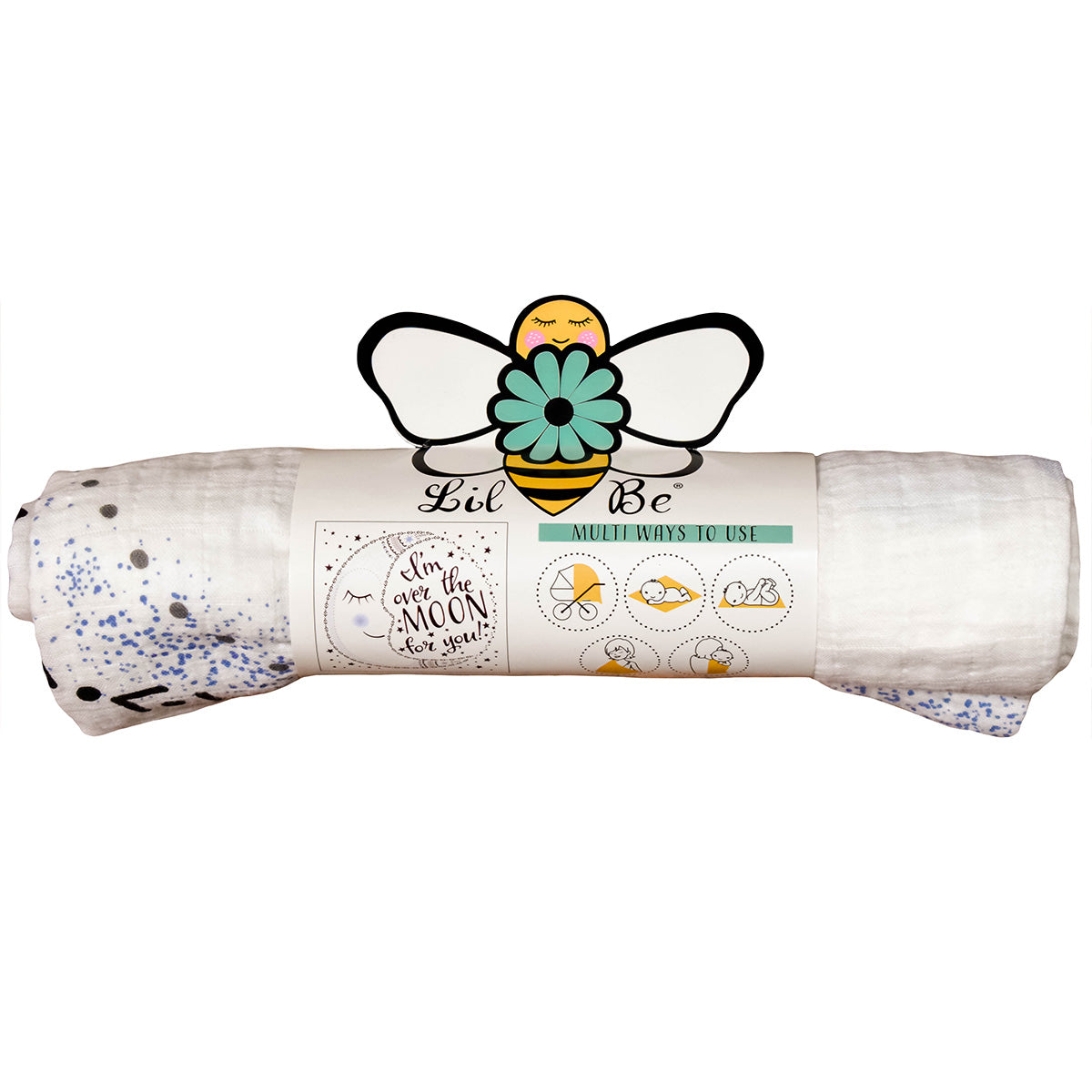 Organic Moon Swaddle Blanket with Front Lil Be Package View