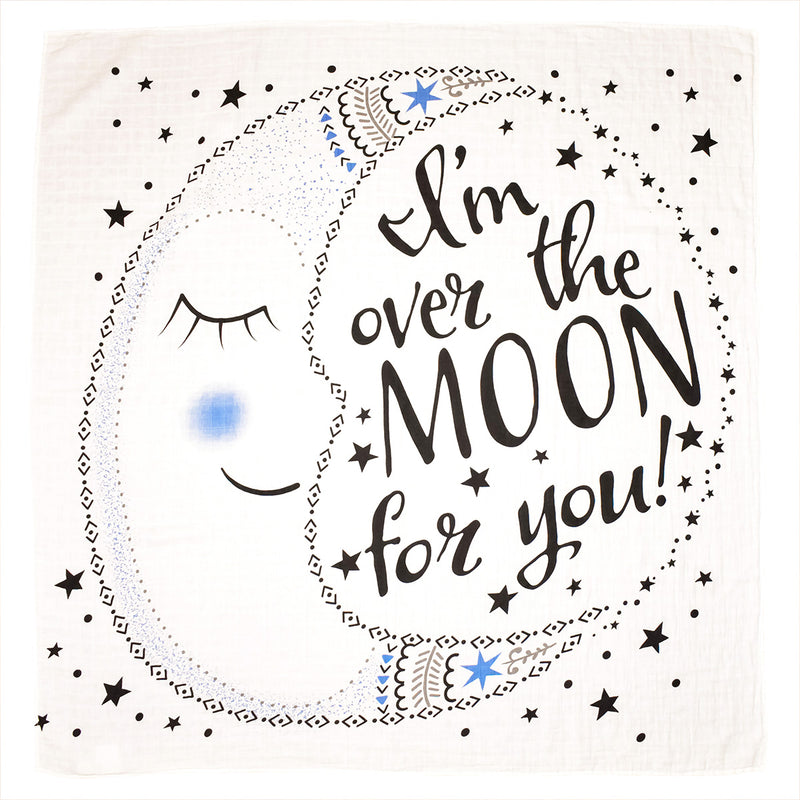 Organic Baby Swaddle Blanket with Moon Saying I'm Over The Moon For You Graphic