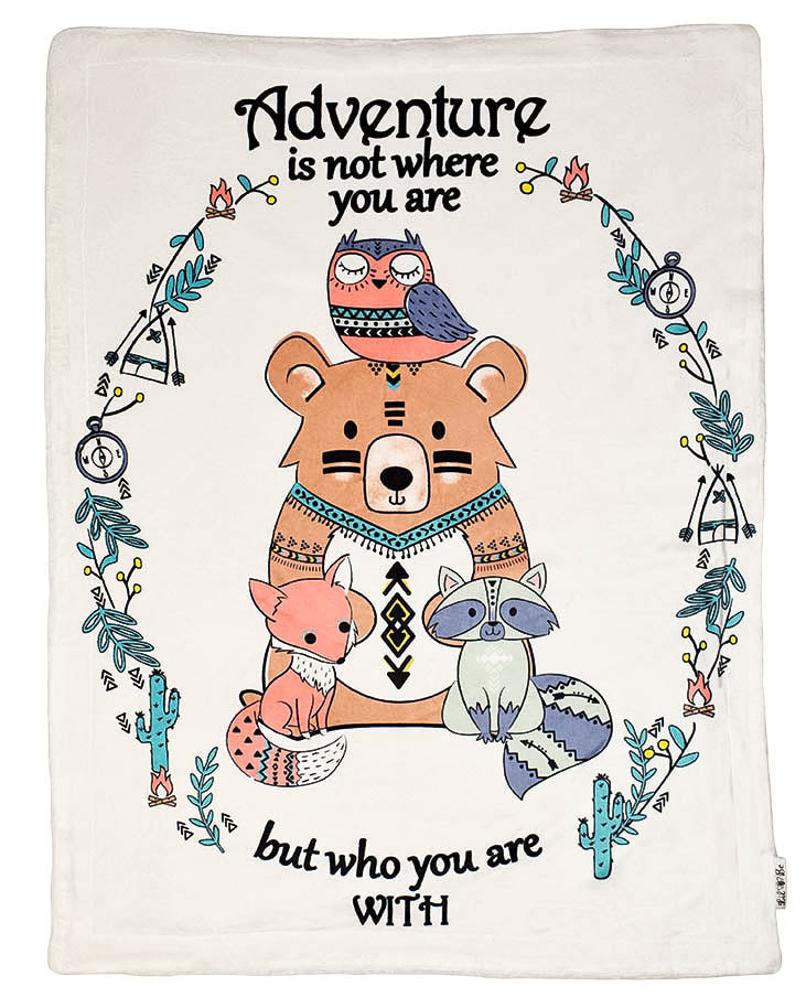 Plush Blanket With Woodland Animals Saying Adventure Is Not Where You Are But Who You Are With Graphic 