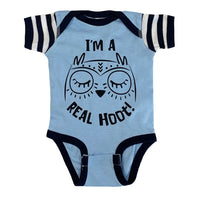 I'm a real hoot! baby bodysuit in blue with navy/white stripe sleeves
