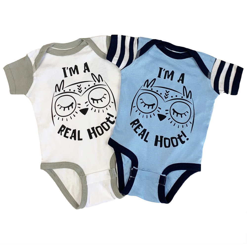 I'm a real hoot! baby bodysuit in two color ways