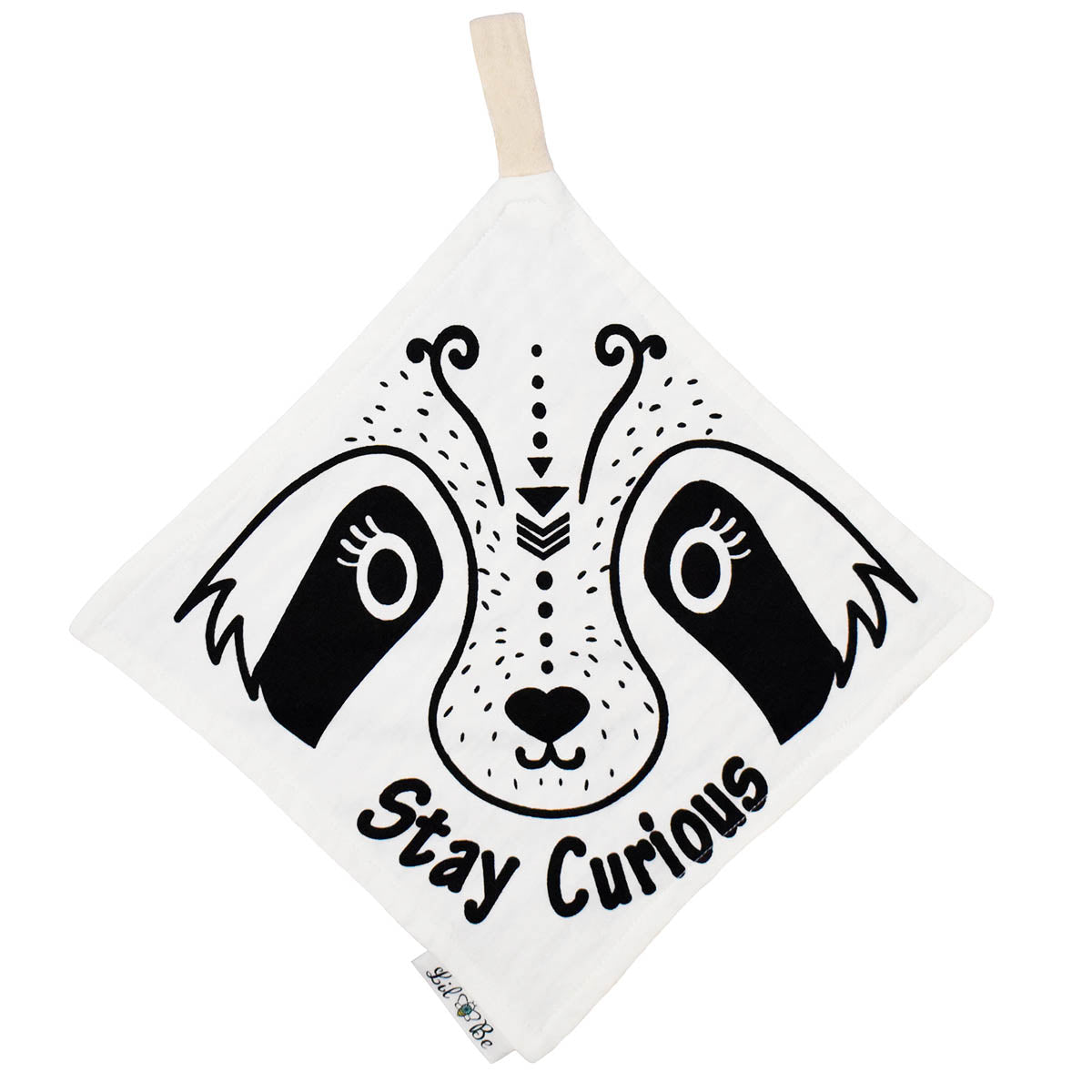Raccoon Stay Curious Graphic on Mini Blanket with Tag to attached to Rattle