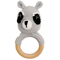 Light Grey Crochet Teether Rattle with Beechwood Ring Handle