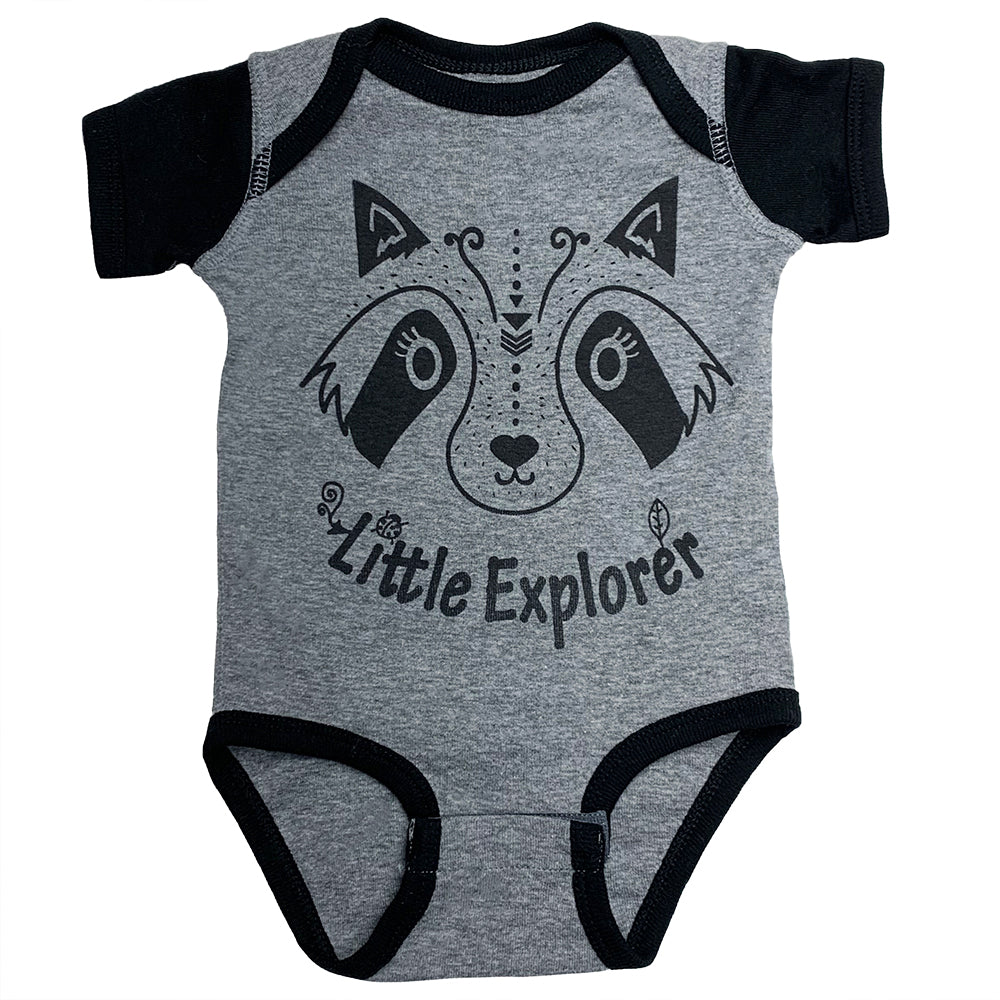 Little Explorer baby bodysuit in charcoal/black color way