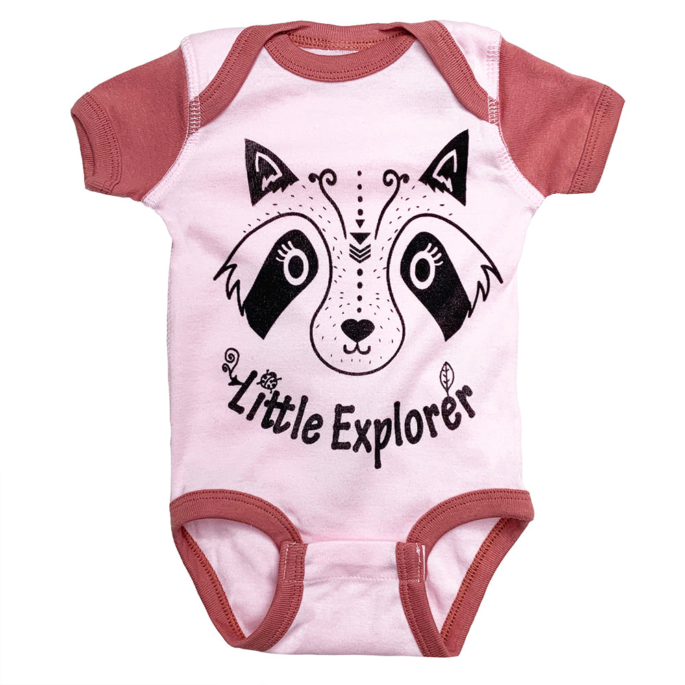 Little Explorer baby bodysuit in light pink/mauve color way