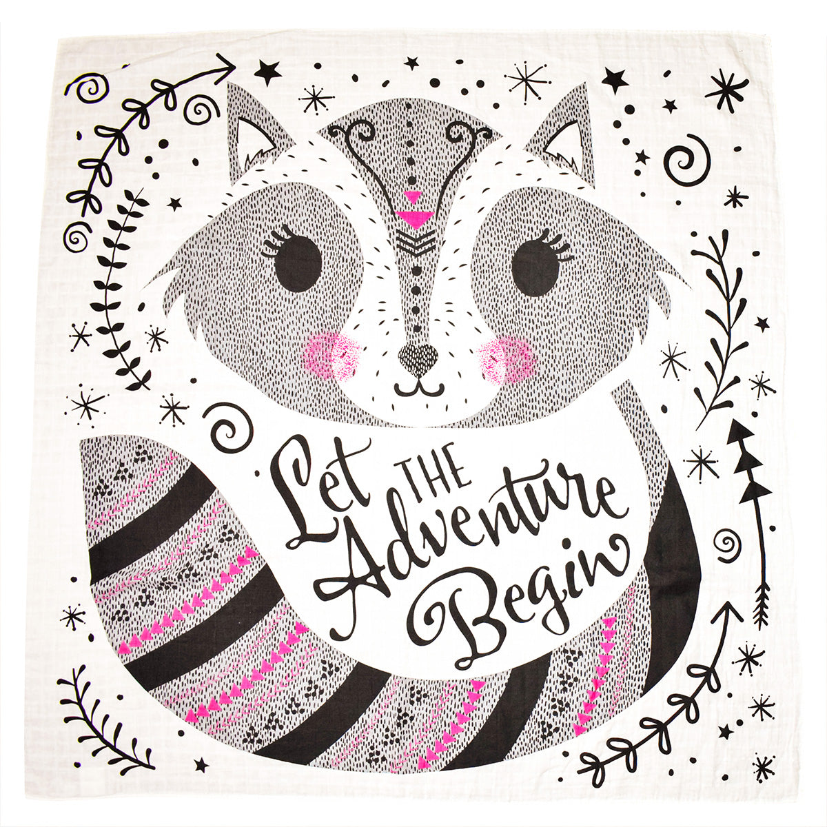 Organic Swaddle Blanket Wrap with Raccoon Let the Adventure Begin Graphic