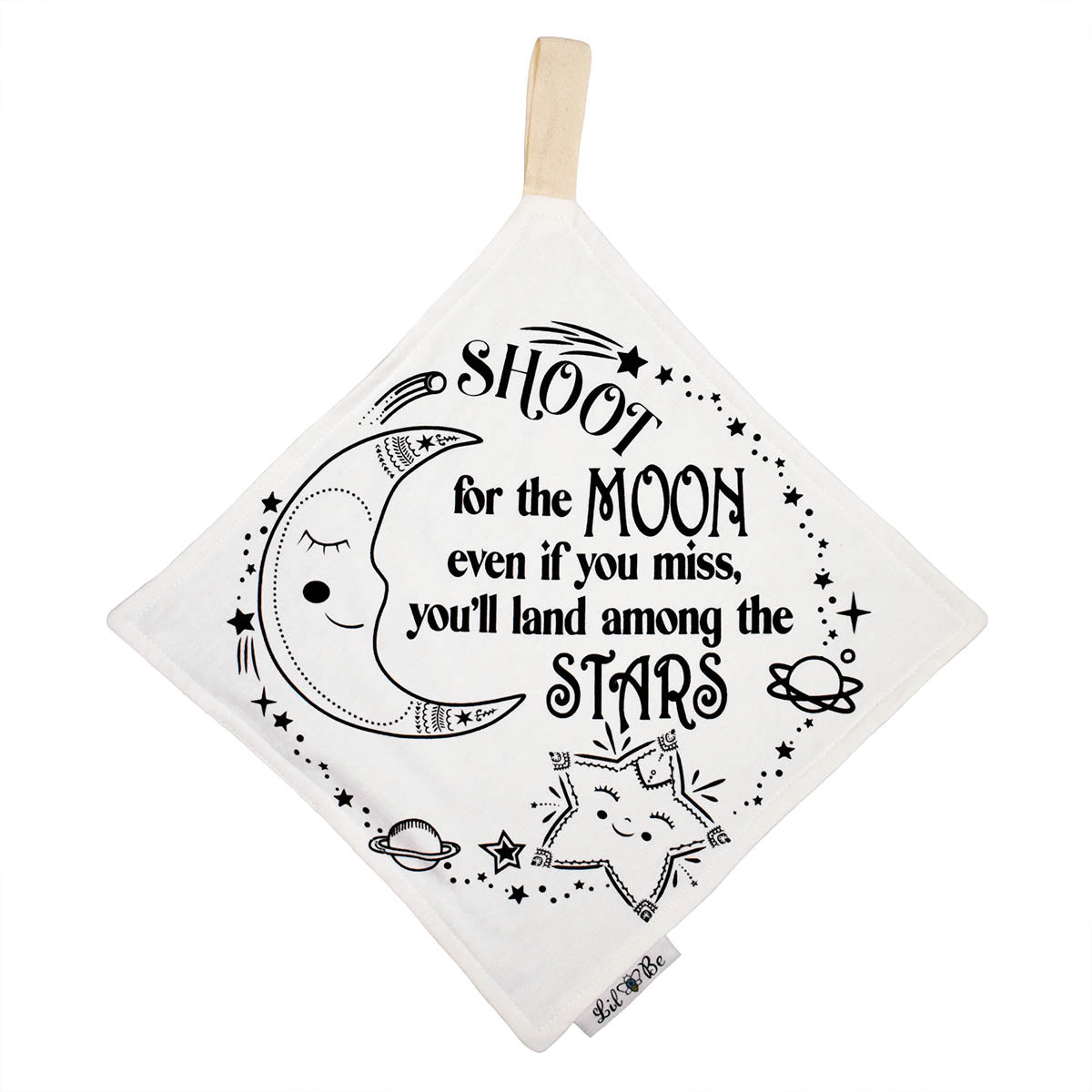 Mini Blanket with Moon and Star Saying "Shoot for the Moon even if you miss, you'll land among the Stars" Graphic with tag to attached to teether